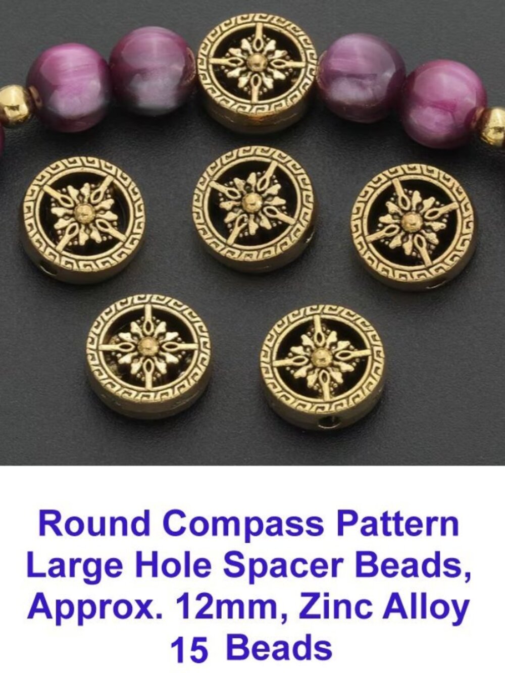 Round Compass Pattern  Large Hole Spacer Beads,  Approx. 12mm, Zinc Alloy 15 PCS